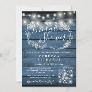 Invitación Blue Wood String Luces Mason Jars Bridal Shower