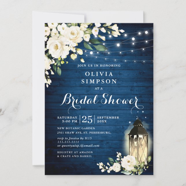 Invitación Blue Wood White Roses Lantern Brillante Shower (Anverso)