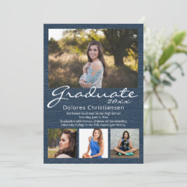 Invitación Blue Woodgrain Modern 4 Photo Graduation