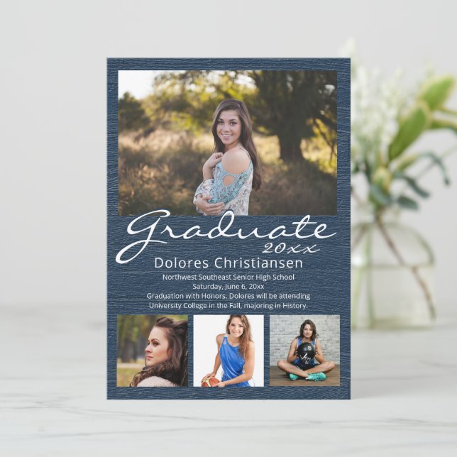 Invitación Blue Woodgrain Modern 4 Photo Graduation (Anverso de pie)