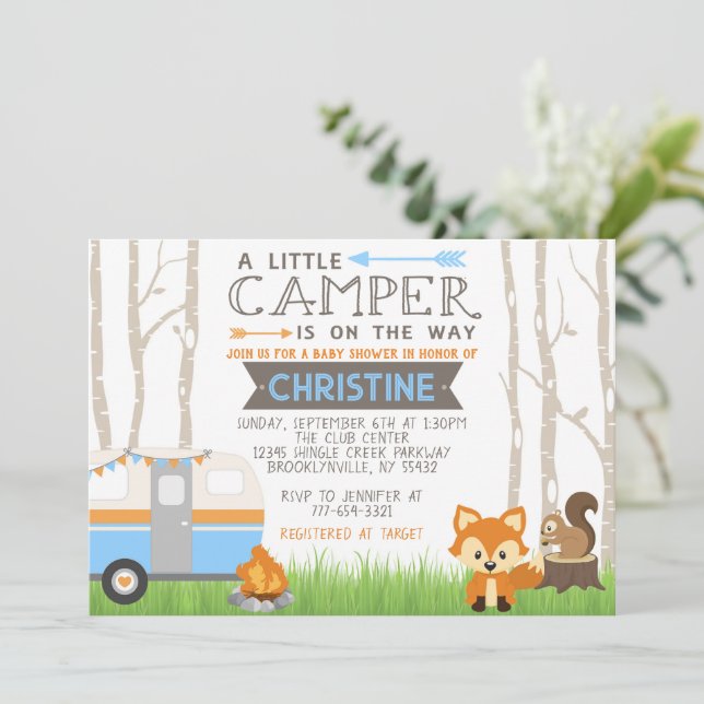 Invitación Blue Woodland RV Camper Forest Animals Baby Shower (Anverso de pie)