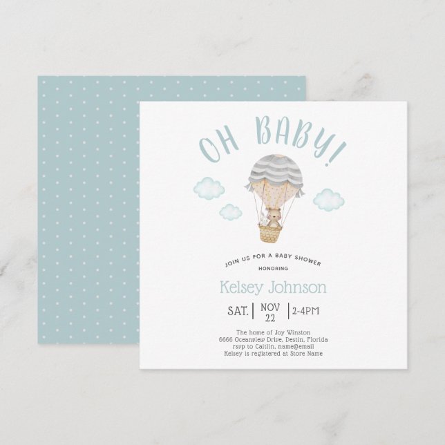Invitación Blue Woodland Teddy Bear Bunny Baby Shower (Anverso / Reverso)
