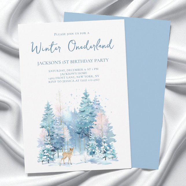 Invitación Blue Woodland Winter Wonderland Primer Fiesta de c (Blue Woodland Winter Wonderland 1st Birthday Party Invitation)