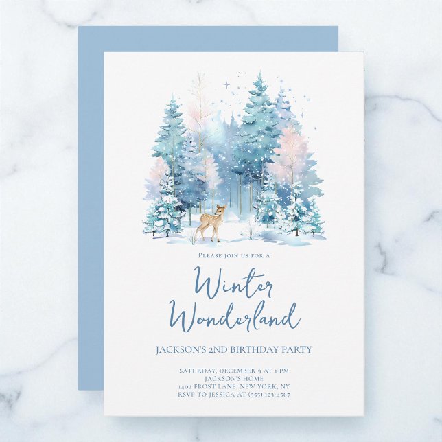 Invitación Blue Woodland Winter Wonderland Segundo Fiesta de  (Blue Woodland Winter Wonderland 2nd Birthday Party Invitation)