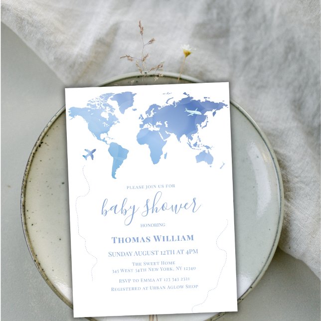 Invitación Blue World Map Travel Adventure Boy Baby Shower (Blue World Map Travel Adventure Boy Baby Shower Invitation)