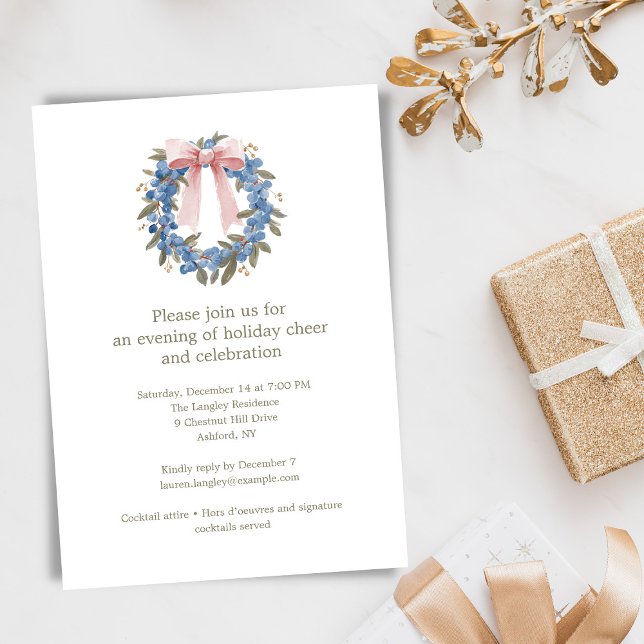 Invitación Blue Wreath Bow Elegant Christmas Holiday Party (Subido por el creador)