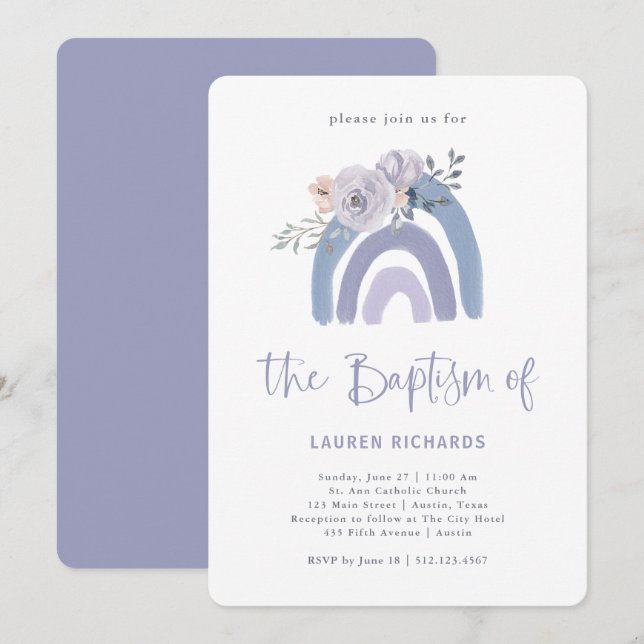 Invitación Blue y Purple Boho Dusty | Bautismo arcoiris (Anverso / Reverso)