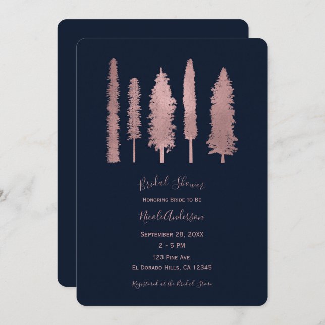 Invitación Blue y Rosa Gold Forest Trees Bridal Shower (Anverso / Reverso)