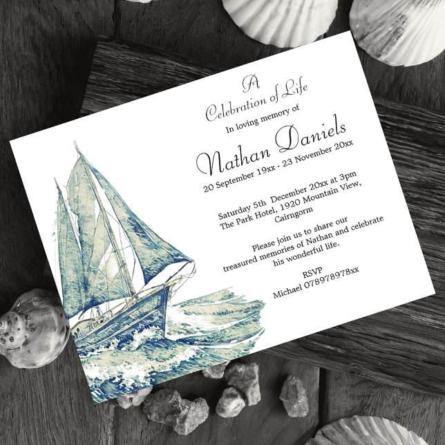 Invitación Blue Yacht Celebration of Life Card (Celebrate a life lived on the ocean.)