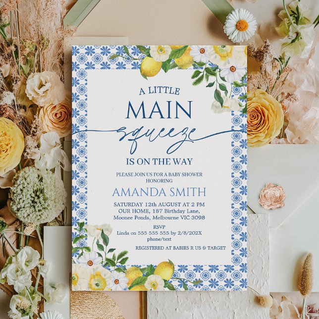 Invitación Blue Yellow Flemon Main Squeeze Baby Shower (Lemon Baby Shower Invitation Template, Main Squeeze Baby Shower Invitation Yellow Floral Blue Tiles)