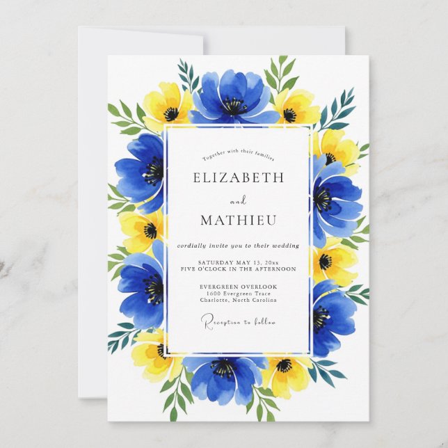 Invitación Blue Yellow Floral Whimsy Wedding (Anverso)