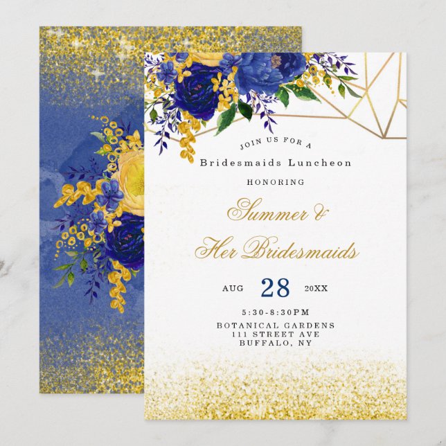 Invitación Blue Yellow Gold Floral Bridesmaids Luncheon (Anverso / Reverso)