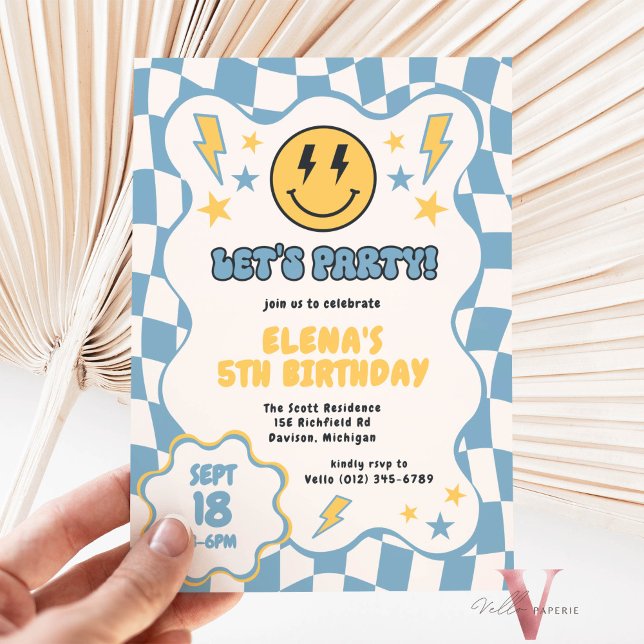 Invitación Blue Yellow Groovy Smile Checkered Retro Cumpleaño (Subido por el creador)