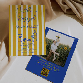 Invitación Blue Yellow Hand Written Photo QR Code Wedding