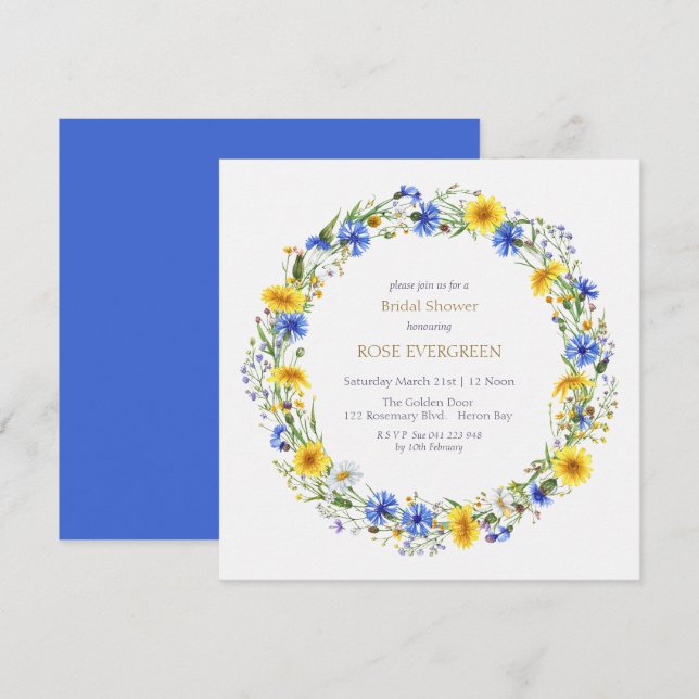 Invitación Blue Yellow Lavender Wildflower Wreath  (Anverso / Reverso)