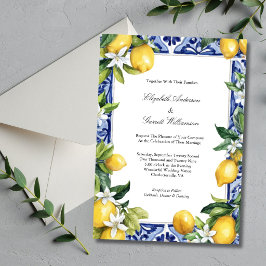 Invitación Blue Yellow Lemon Mediterranean Tile Wedding