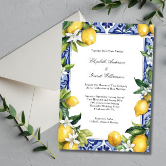 Invitación Blue Yellow Lemon Mediterranean Tile Wedding