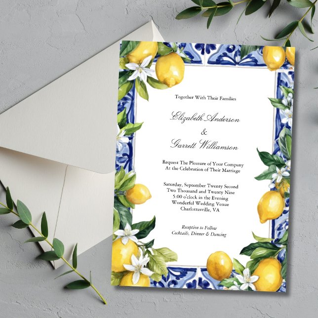 Invitación Blue Yellow Lemon Mediterranean Tile Wedding (Blue Yellow Lemons Mediterranean Tile Italian Wedding Theme Invitation. Printed or Digital Download)