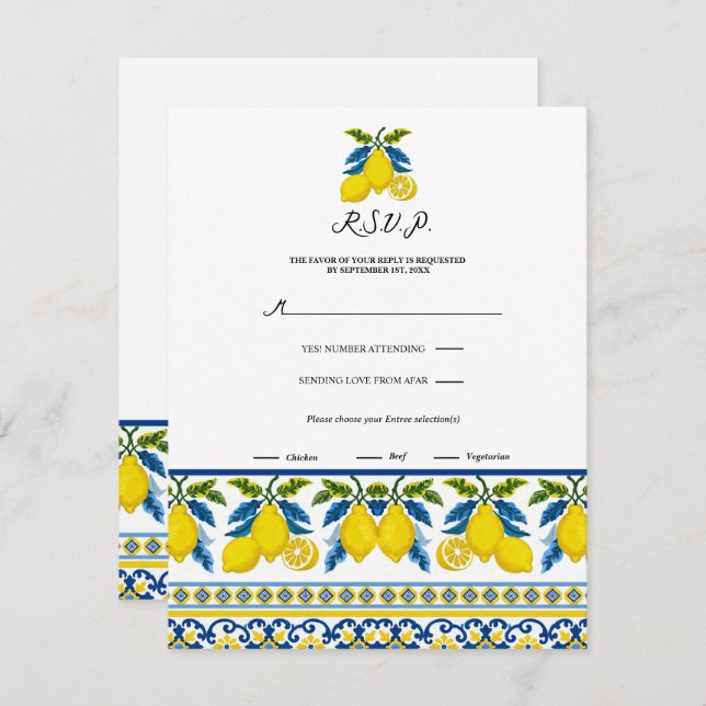 Invitación Blue Yellow Lemon Watercolor Mediterráneo RSVP (Anverso / Reverso)