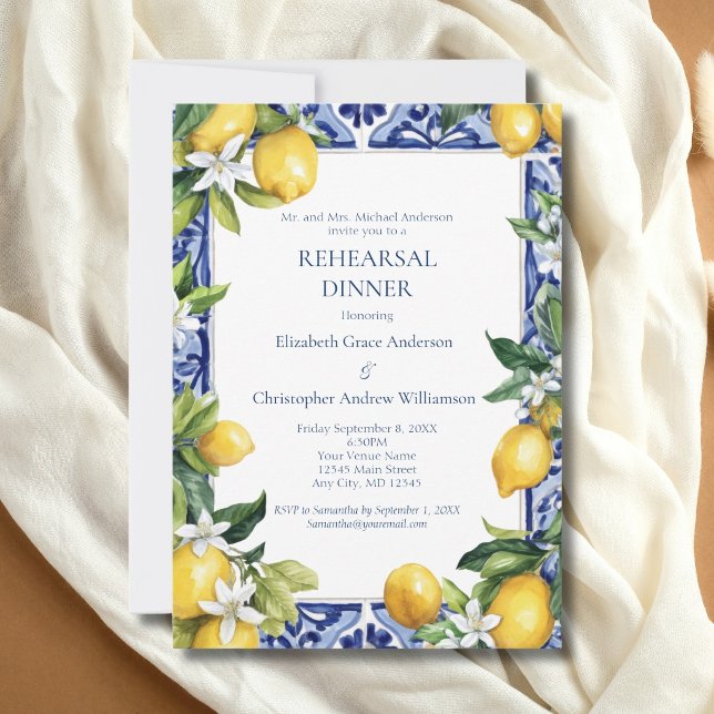 Invitación Blue Yellow Lemons Mediterranean Rehearsal Dinner  (Blue White Tile, Mediterranean Lemons Wedding Rehearsal Dinner Invitation. Printed or Digital)