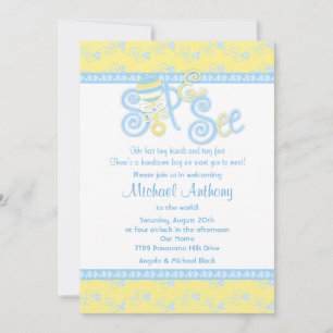 Invitación Blue Yellow Rattle Lace Sip N Ver Baby Shower