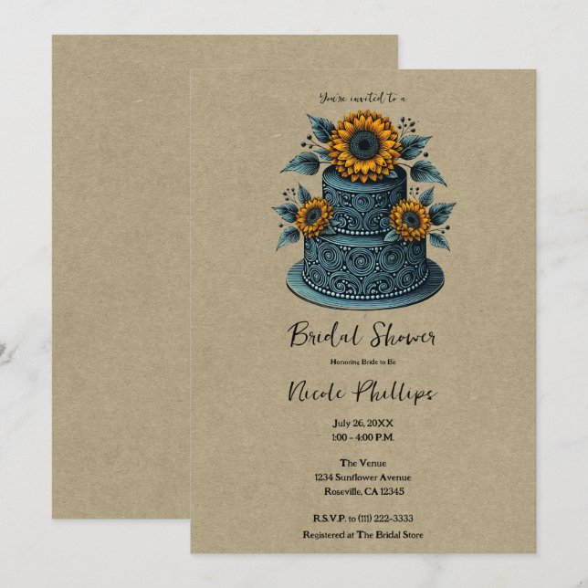 Invitación Blue & Yellow Sunflower Cake Shower (Anverso / Reverso)