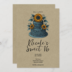 Invitación Blue Yellow Sunflower Tier Cake Sweet 16 Cumpleaño