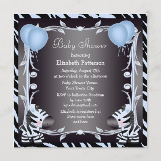 Invitación Blue Zebra & Balloons Animal Print Baby Shower