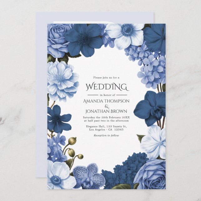Invitación Bluebell Smoke, Marine Slate & Winter Sky Wedding (Anverso / Reverso)
