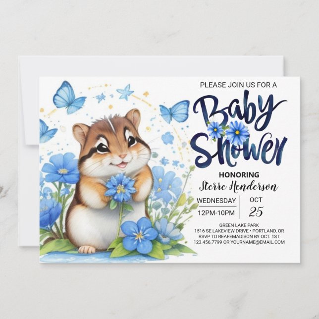 Invitación Bluebell Whimsy Chipmunk Blue Boy Baby Shower (Anverso)