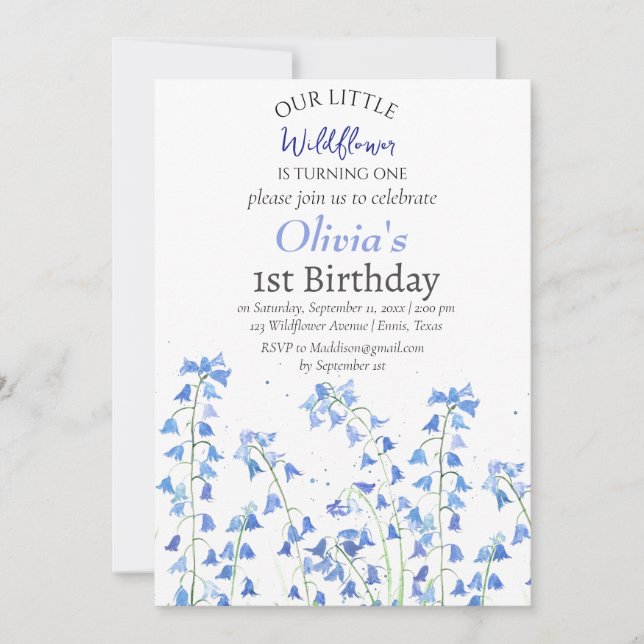 Invitación Bluebells 1er cumpleaños Floral azul (Anverso)