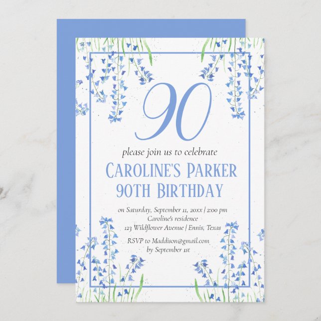 Invitación Bluebells 90º cumpleaños Floral Azul Botánico (Anverso / Reverso)