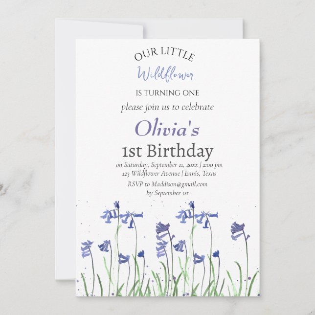 Invitación Bluebells Primer Chica de cumpleaños Floral Azul (Anverso)