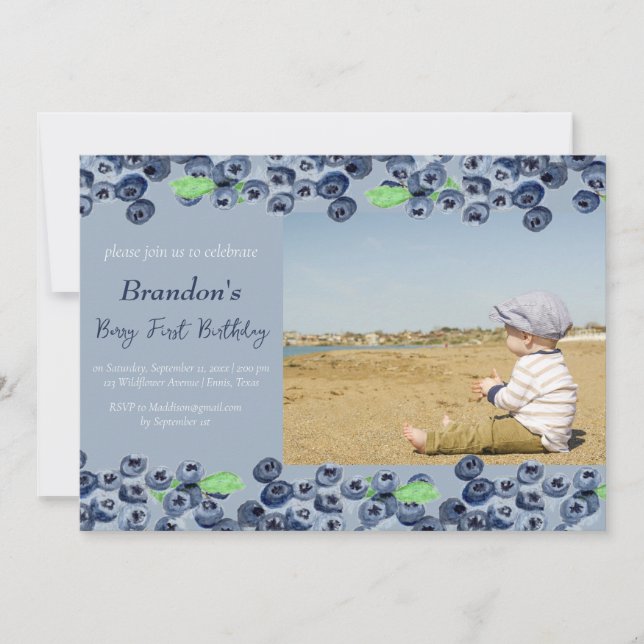 Invitación Blueberries 1er Fruta de la foto del primer cumple (Anverso)