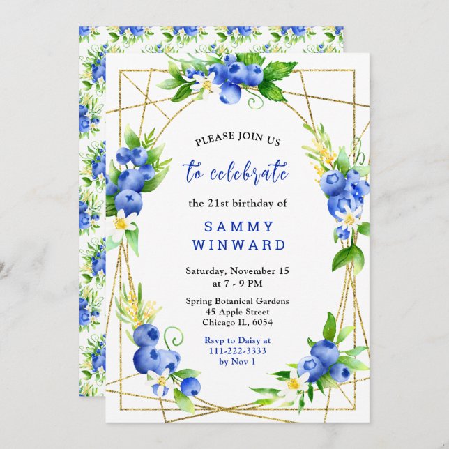 Invitación Blueberries and Foliage Birthday (Anverso / Reverso)