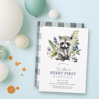 Invitación Blueberries & Raccoon Boy Berry First 1st Birthday
