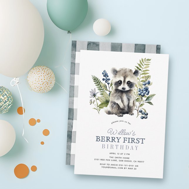 Invitación Blueberries & Raccoon Boy Berry First 1st Birthday (Subido por el creador)
