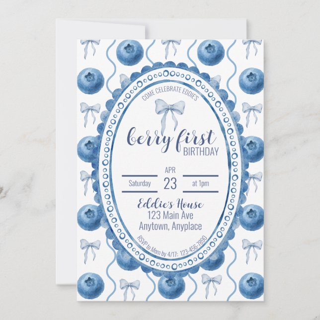 Invitación Blueberry Baby's Berry First 1st Birthday Party (Anverso)