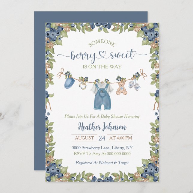 Invitación Blueberry Berry Sweet Clothesline Baby Shower (Anverso / Reverso)