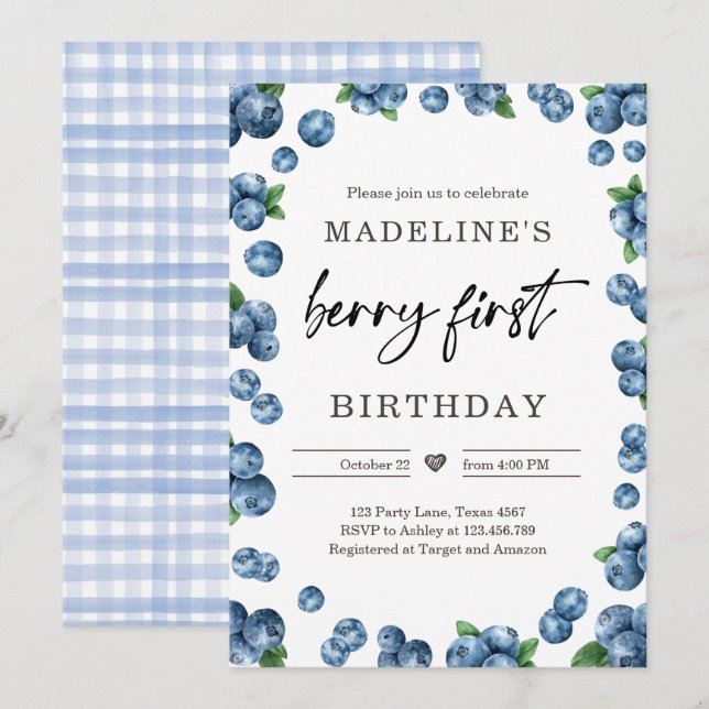 Invitación Blueberry Berry Sweet First Birthday (Anverso / Reverso)