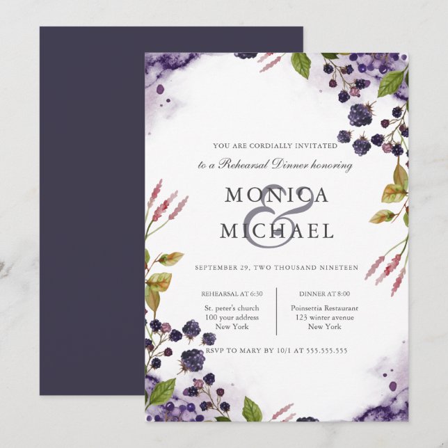 Invitación Blueberry | Cena de ensayo Boda (Anverso / Reverso)