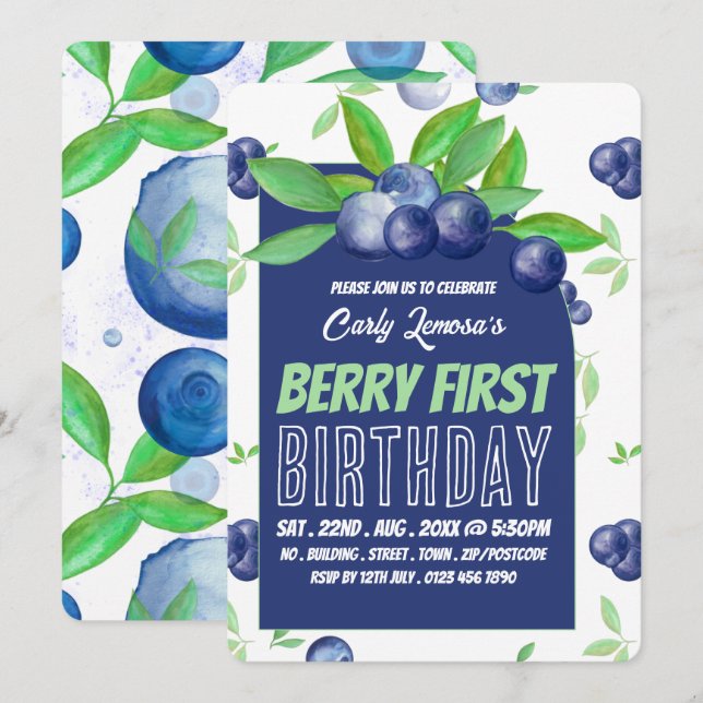 Invitación Blueberry Design, Berry First Birday (Anverso / Reverso)