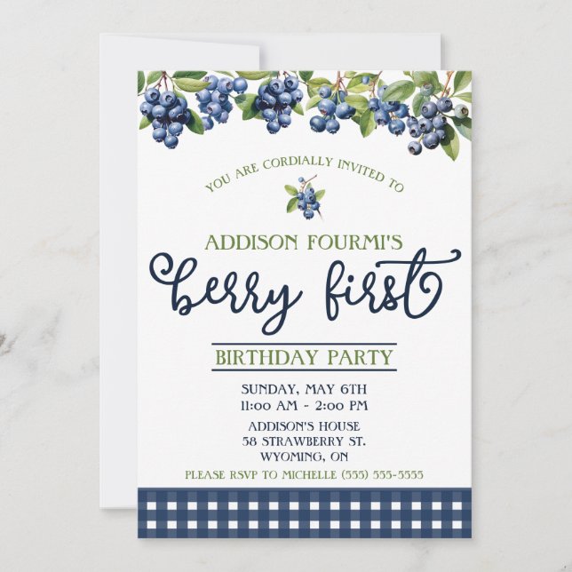 Invitación Blueberry, fiesta del primer cumpleaños de Berry (Anverso)