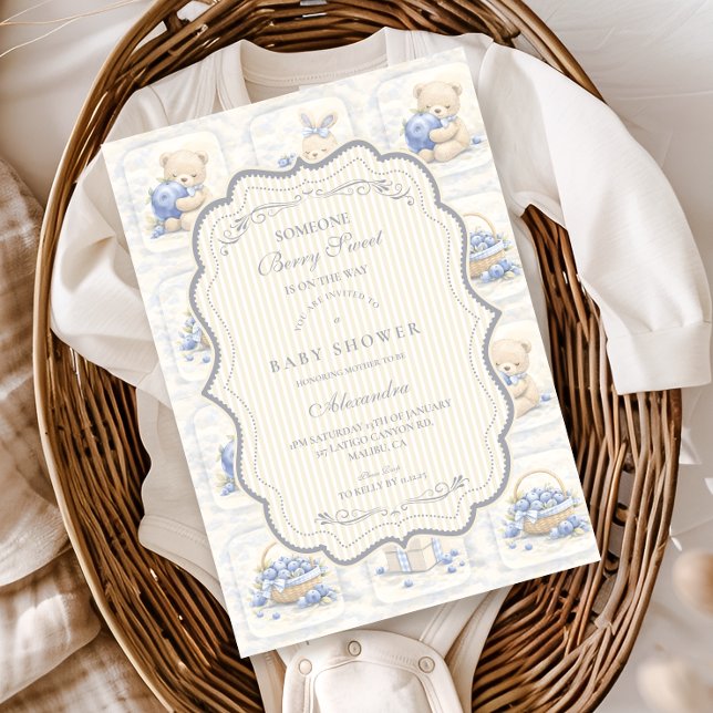 Invitación Blueberry Teddy Garden Toile Baby Shower (Subido por el creador)