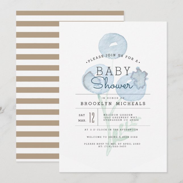 Invitación Blueberry Trio | Baby Shower Berry Watercolor (Anverso / Reverso)