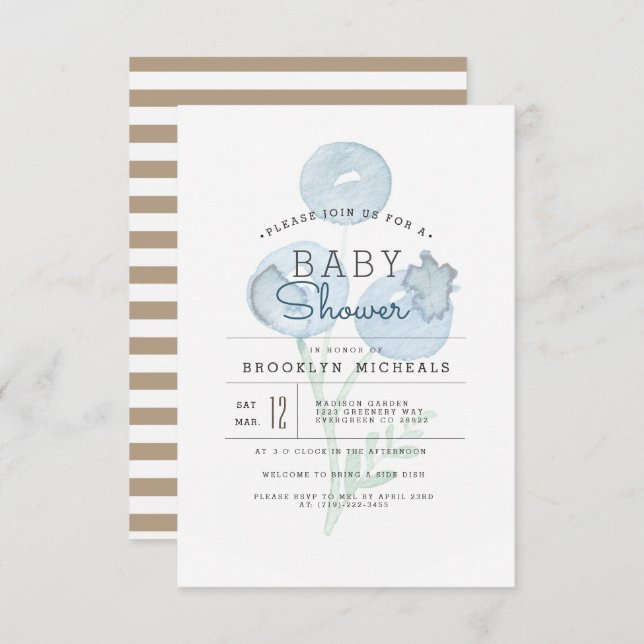 Invitación Blueberry Trio | Baby Shower Berry Watercolor (Anverso / Reverso)