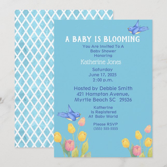Invitación Bluebirds Baby Shower/Un Bebé Está Floreciendo (Anverso / Reverso)