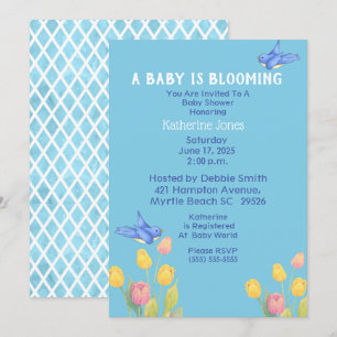 Invitación Bluebirds Baby Shower/Un Bebé Está Floreciendo