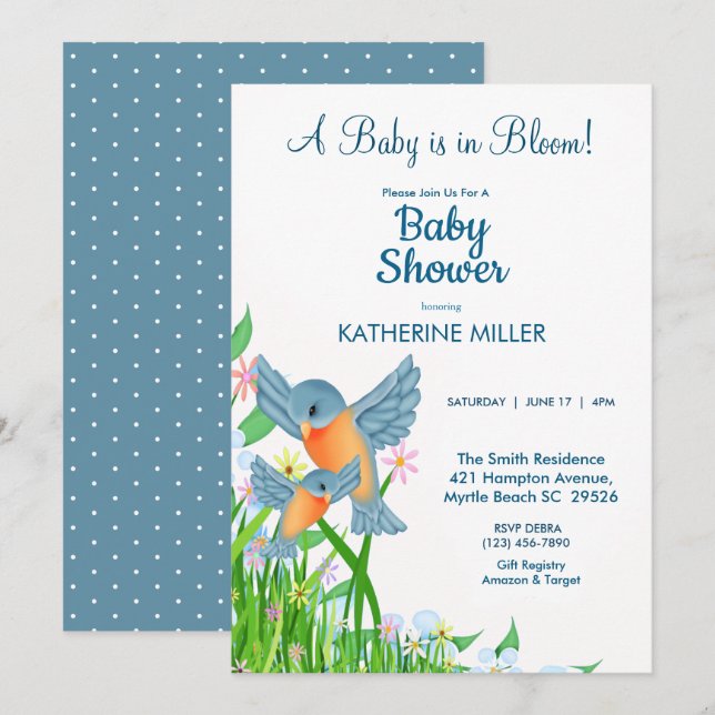 Invitación Bluebirds Wildflowers Baby Shower (Anverso / Reverso)