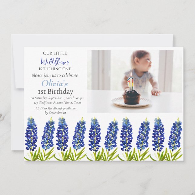 Invitación Bluebonnets 1er cumpleaños Chica Foto Floral (Anverso)